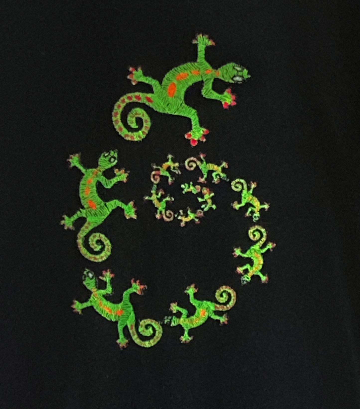UV Reactive embroidered Gecko spiral T-shirt Orginal Design by Alleykat. Quick dispatch. Free UK Delivery.