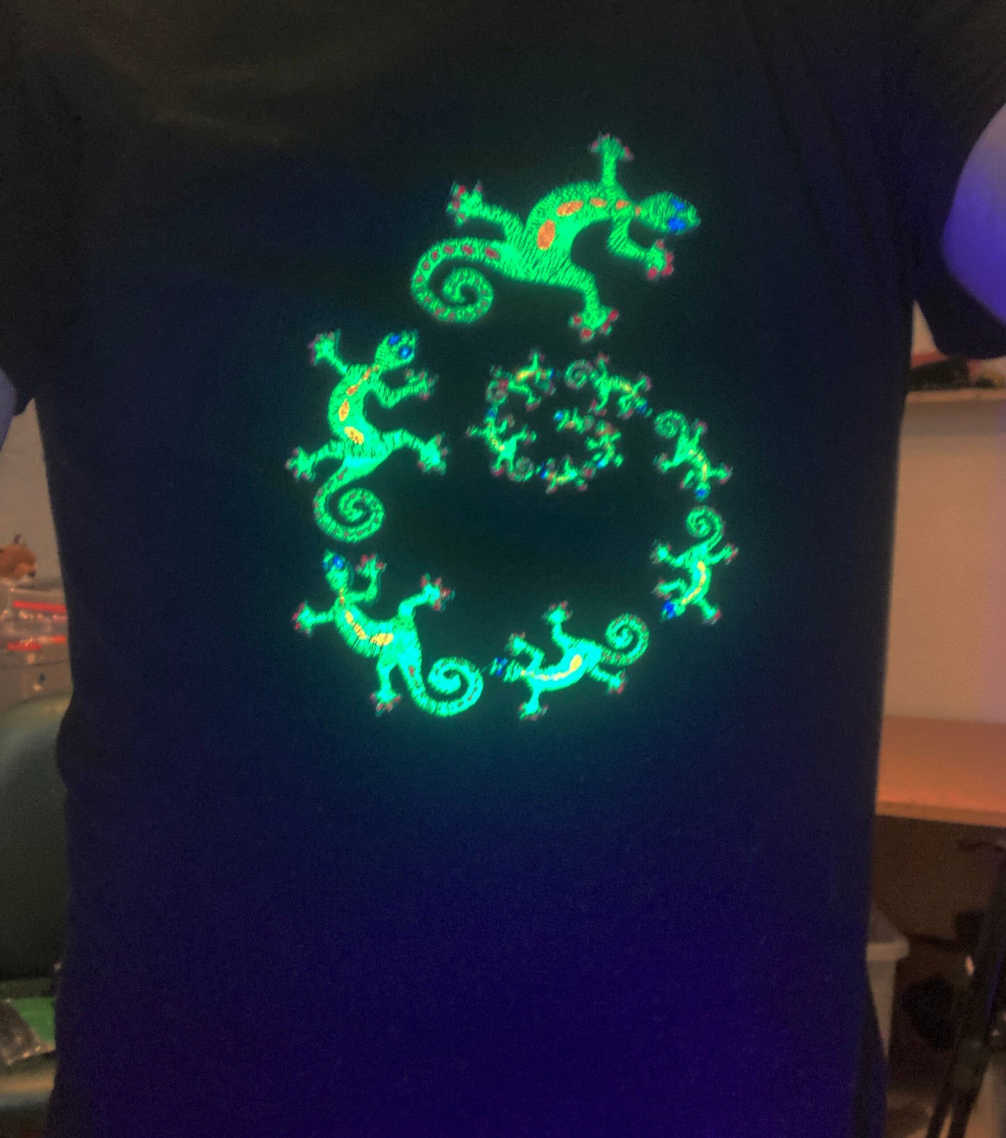 UV Reactive embroidered Gecko spiral T-shirt Orginal Design by Alleykat. Quick dispatch. Free UK Delivery.