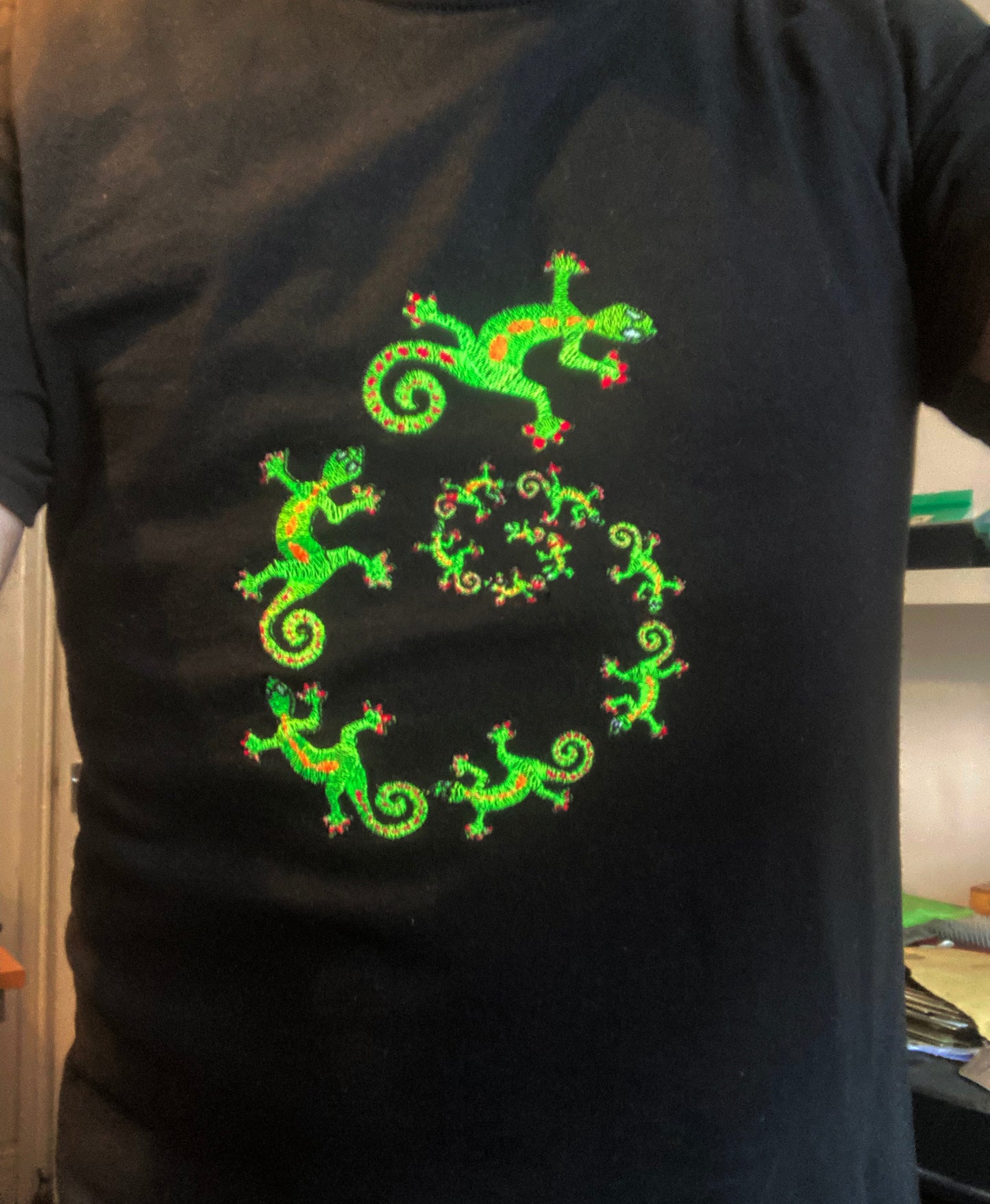 UV Reactive embroidered Gecko spiral T-shirt Orginal Design by Alleykat. Quick dispatch. Free UK Delivery.